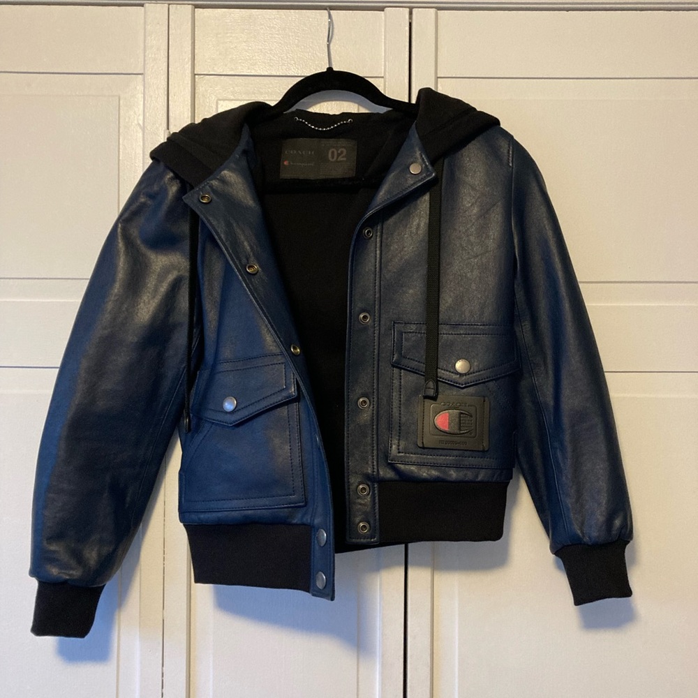 Coach X champion navy leather bomber jacket